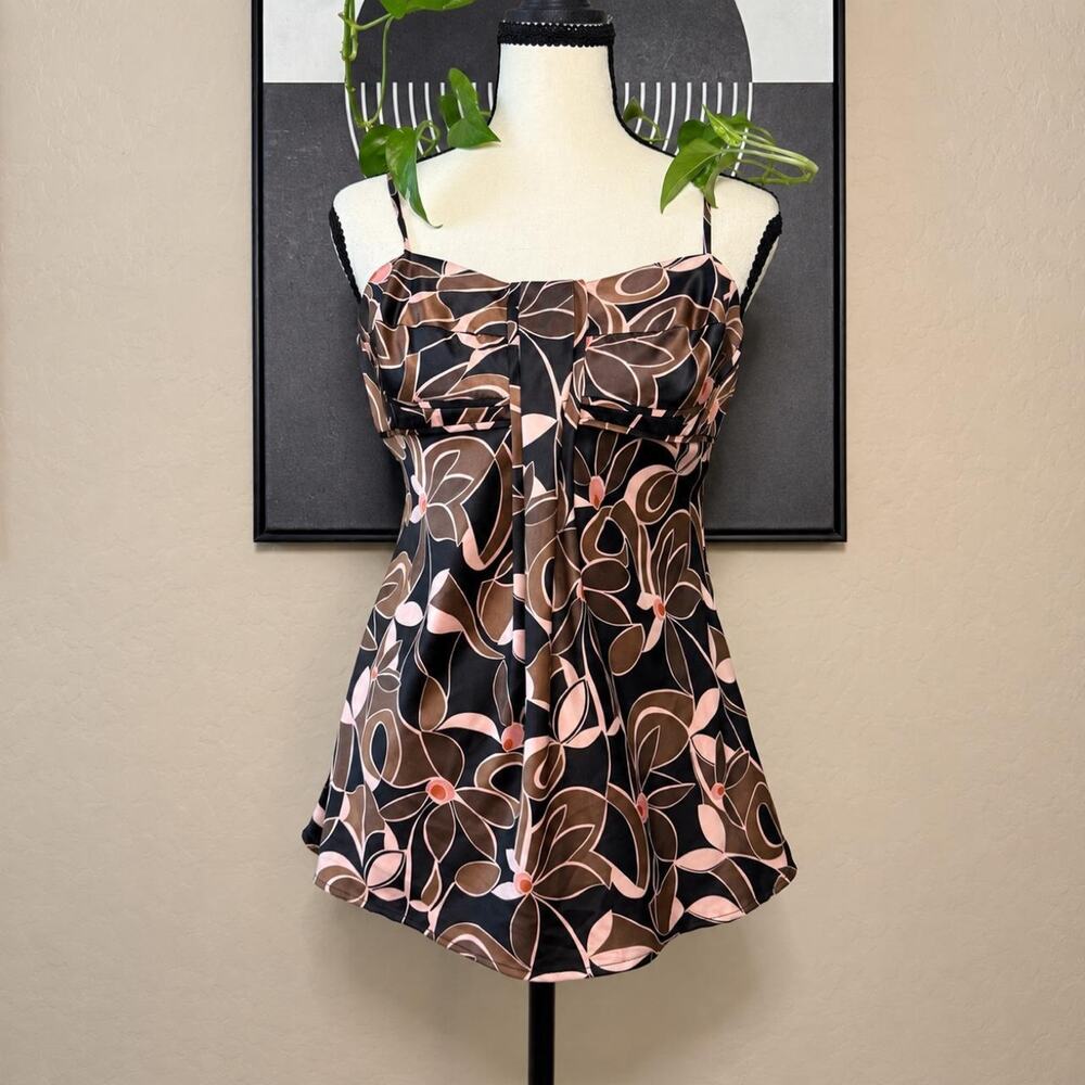 Y2K Satin Floral Babydoll Cami Top Brown Pink Black Size Small